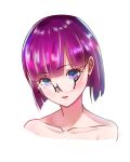  1girl bare_shoulders blue_eyes chrono_trigger collarbone glasses highres looking_at_viewer lucca_ashtear open_mouth purple_hair short_hair simple_background solo white_background 