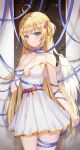  1girl :3 ahoge angel angel_wings bare_shoulders blonde_hair blue_eyes blush breasts breasts_apart closed_mouth collarbone cowboy_shot dress hand_on_own_chest highres looking_at_viewer original plunging_neckline ribbon shadow short_dress shuvi_(shuvi1125) side_ponytail small_breasts smile strap_slip tsurime white_dress wings 