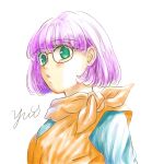  1girl blue_eyes chrono_trigger glasses looking_at_viewer lucca_ashtear purple_hair scarf short_hair simple_background solo white_background 