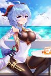  absurdres ahoge bangs bare_shoulders bell bird black_gloves blue_hair breasts chinese_knot clouds cup detached_sleeves ganyu_(genshin_impact) genshin_impact gloves gold_trim hand_on_hip highres horns light_blush looking_at_viewer medium_breasts neck_bell ocean sidelocks silver_(t0) thighlet violet_eyes vision_(genshin_impact) white_sleeves 