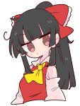  1girl armpit_peek ascot bangs black_hair bow brown_eyes detached_sleeves ears hair_bow hair_tubes hakurei_reimu highres long_sleeves looking_at_viewer op_na_yarou ponytail red_bow red_shirt shirt sidelocks simple_background sleeveless touhou white_background yellow_neckwear 