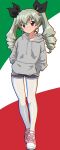  1girl anchovy_(girls_und_panzer) blue_shorts blush brown_eyes closed_mouth drill_hair eyebrows_visible_through_hair full_body girls_und_panzer gogopaint green_hair grey_sweater hair_ornament hair_ribbon hands_in_pockets highres italian_flag legwear_under_shorts long_hair looking_at_viewer pantyhose ribbon shiny shiny_hair short_shorts shorts smile solo standing sweater twin_drills twintails white_legwear 