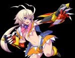  1girl :d akaga_hirotaka amanohara_minori antenna_hair arcana_heart arcana_heart_3 belt black_background blonde_hair blue_belt bow bowtie breasts brooch capelet cowboy_shot gauntlets jewelry long_hair looking_away medium_breasts navel official_art open_mouth orange_skirt pink_bow ponytail revealing_clothes shiny shiny_hair skirt smile solo standing standing_on_one_leg under_boob violet_eyes white_capelet 