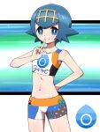  1girl bangs bare_arms bike_shorts blue_eyes blue_hair bright_pupils closed_mouth collarbone commentary_request cosplay cowboy_shot eyelashes freckles gym_trainer_(pokemon) gym_trainer_(pokemon)_(cosplay) hairband hand_up highres lana_(pokemon) navel no_sclera pokemon pokemon_(game) pokemon_sm pokemon_swsh shabana_may shiny shiny_skin short_hair sleeveless smile solo white_pupils yellow_hairband 