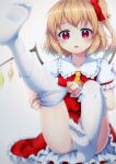  1girl adjusting_clothes adjusting_legwear ascot bangs blonde_hair bloom blush breasts collarbone commentary_request crystal eyebrows_visible_through_hair flandre_scarlet frilled_shirt_collar frills hair_between_eyes hair_ribbon looking_at_viewer no_hat no_headwear one_side_up open_mouth panties pantyshot petticoat puffy_short_sleeves puffy_sleeves red_eyes red_ribbon red_skirt red_vest ribbon short_hair short_sleeves sitting skirt small_breasts solo thigh-highs tomo_takino touhou underwear vest white_legwear wings yellow_neckwear 