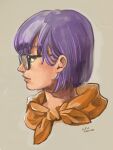  1girl blue_eyes chrono_trigger face from_side glasses highres looking_to_the_side lucca_ashtear parted_lips purple_hair scarf short_hair simple_background solo twitter_username uzutanco 