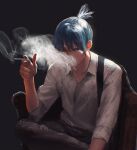  1boy 5ummer_704 black_background black_pants blue_eyes blue_hair chainsaw_man chair cigarette collared_shirt covered_mouth crossed_legs hayakawa_aki_(chainsaw_man) highres holding holding_cigarette long_sleeves looking_at_viewer male_focus pants shirt short_hair simple_background sitting smoke smoking solo topknot upper_body white_shirt 