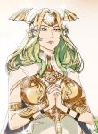  1girl bra breasts cape expressionless fire_emblem fire_emblem:_three_houses flower green_eyes green_hair hair_flower hair_ornament hands_together lips long_hair medium_breasts praying r3dfive seiros_(fire_emblem) solo underwear white_background white_flower 