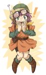  ! 1girl belt bike_shorts blue_eyes boots chrono_trigger glasses helmet looking_at_viewer lucca_ashtear open_mouth purple_hair sayoyonsayoyo scarf short_hair solo 