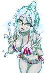  bikini blue_hair breasts cleavage glasses hoshi_kubi leaning_forward monster_girl navel original slime solo swimsuit v 