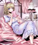  atoshi barefoot bed blonde_hair blue_eyes book covering_mouth feet hairband hat heart kirisame_marisa lamp nightgown photo_(object) short_hair touhou witch_hat yellow_eyes 