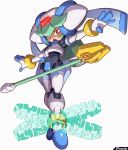  bracelet capcom crop_top elbow_gloves gloves glowing green_hair helmet jewelry long_hair official_art open_mouth outstretched_arms pandora pandora_(rockman) red_eyes robot rockman rockman_zx simple_background solo spread_arms staff standing thighhighs watermark 