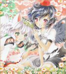  animal_ears ayuayu black_hair black_wings detached_sleeves flower hat inubashiri_momiji multiple_girls red_eyes sample shameimaru_aya short_hair silver_hair tail tokin_hat touhou wings wolf_ears wolf_tail yellow_eyes 