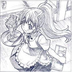  blue dessert food from_above long_hair monochrome ponytail restaurant sakino_shingetsu skirt smile taneshima_popura traditional_media tray waitress working!! 