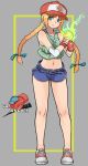  belt bow boxing_gloves braid burning_hand denim denim_shorts earrings elbow_pads fingerless_gloves gloves green_eyes hair_bow hat highres jewelry legs long_hair midriff navel no_socks orange_hair original shoes short_shorts shorts sneakers solo tank_top tarayama twin_braids yuki_taru 