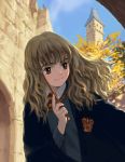  brown_hair curly_hair harry_potter hermione_granger long_hair naruko_hanaharu school_uniform smile solo sorceress wand 