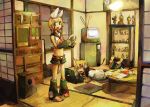  computer den hair_ornament hair_ribbon hairclip headphones kagamine_len kagamine_rin laptop on_stomach ribbon short_hair shouji sliding_doors standing tatami television vocaloid 