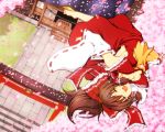 :d barefoot blurry bow box brown_hair cherry_blossoms depth_of_field detached_sleeves donation_box flying from_above hair_bow hair_ribbon hakurei_reimu haruyonoto nail_polish open_mouth petals ponytail ribbon short_hair shrine smile solo torii touhou wallpaper 