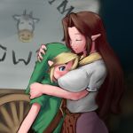  1boy 1girl blue_eyes blush breast_press breast_smother breasts brown_hair closed_eyes cow cremia hat height_difference hug large_breasts link long_hair mafen majora&#039;s_mask nintendo pointy_ears smile smother the_legend_of_zelda wagon young_link 