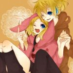  blonde_hair blue_eyes brother_and_sister chidori_(@rom) chidori_(pixiv684938) hand_holding headphones holding_hands hoodie kagamine_len kagamine_rin nail_polish short_hair siblings sitting smile twins vocaloid wink 