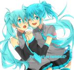  aqua_eyes aqua_hair bad_id detached_sleeves dual_persona hand_holding hatsune_miku holding_hands long_hair necktie ponytail riputon smile thighhighs twintails very_long_hair vocaloid wink 