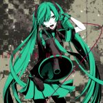  gloves green_eyes green_hair hatsune_miku headset koi_wa_sensou_(vocaloid) long_hair macco megaphone necktie pantyhose skirt solo tongue very_long_hair vocaloid 