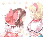  &lt;3 alice_margatroid bad_id blonde_hair blue_eyes brown_hair detached_sleeves hairband hakurei_reimu heart multiple_girls red_eyes ribbon short_hair touhou yatomi yuri 