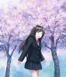  brown_hair cherry_blossoms closed_eyes isou_nagi original petals school_uniform skirt solo tree 