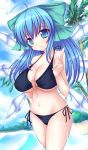  adult alternate_hairstyle beach bikini blue_eyes blue_hair bow breasts cirno hair_bow huge_breasts long_hair mikan_(5555) o-ring_top palm_tree side-tie_bikini solo swimsuit touhou tree water wet wings 