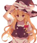  1girl bad_id blonde_hair bow hat hixi_186 kirisame_marisa red_eyes simple_background solo touhou witch_hat 