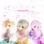  ayase08 blonde_hair blue_eyes bow cake eating food fork frills green_eyes green_hair hair_bow hair_ribbon hairband hatsune_miku kagamine_rin megurine_luka multiple_girls pastry petals pink_hair pun2 ribbon short_hair smile stuffed_animal stuffed_toy twintails vocaloid yellow_eyes 