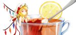  breasts cheshuilishang cup cupping_glass erect_nipples flandre_scarlet food fruit girl_in_a_cup hat in_container in_cup lemon minigirl red_eyes short_hair solo tea touhou wings 