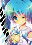  bad_id blue_eyes blue_hair bow cirno cosplay detached_sleeves gohei hair_bow hakurei_reimu hakurei_reimu_(cosplay) japanese_clothes miko rarami short_hair smile solo touhou wink 