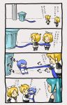  4koma :d :o ahoge chibi child comic hatsune_miku kagamine_len kagamine_rin kaito o_o open_mouth scarf shimota smile translated translation_request trashcan vocaloid young |_| 