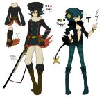  black_hair blue_hair boots collar concept_art gun hat honchkrow jewelry l_hakase luxray open_clothes open_shirt pantyhose personification pokemon red_eyes shirt tail uniform weapon yellow_eyes 