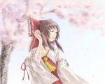  ascot brown_hair cherry_blossoms detached_sleeves frills hair_ornament hair_ribbon hakurei_reimu l-grey lips petals ribbon short_hair smile touhou tree wide_sleeves wind 