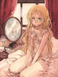  bad_id bed bedroom blonde_hair curly_hair curtains frills glasses gondolf green_eyes highres jewelry long_hair mirror necklace original pillow ribbon solo window 