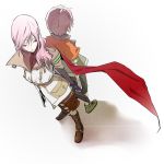 1girl back-to-back back_to_back bad_id blue_eyes couple dutch_angle final_fantasy final_fantasy_xiii from_above gassun hand_holding height_difference holding_hands hope_estheim lightning_(ff13) lightning_farron long_hair pink_hair 
