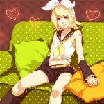  bare_shoulders blonde_hair couch hair_ornament hair_ribbon hairclip headphones headset heart highres kagamine_rin lucy_(artist) pillow ribbon short_hair shorts sitting smile solo vocaloid 