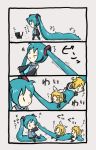  4koma cat chibi child comic dragging hair_pull hatsune_miku kagamine_len kagamine_rin long_hair o_o shimota translated translation_request twintails very_long_hair vocaloid |_| 