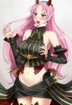  aliasse aliasse_(cosplay) bare_shoulders blue_eyes blush detached_sleeves earrings female headdress horns long_hair midriff pink_hair senjou_no_valkyria senjou_no_valkyria_2 solo tanktop thigh-highs youtwokouji yuliana_eberhart 