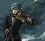  bad_id blue_hair bowtie formal hands instrument kaito male nama_(f14a) night short_hair sky solo suit violin vocaloid 