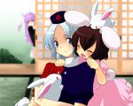  blue_eyes blurry brown_hair bunny bunny_ears closed_eyes depth_of_field happy hat hayami_(pixiv388139) hiuna_hayami inaba_tewi jealous peeking_out purple_hair rabbit rabbit_ears red_eyes reisen_udongein_inaba silver_hair touhou yagokoro_eirin 