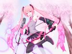  alternate_color alternate_hair_color cable cherry_blossoms detached_sleeves from_below hatsune_miku long_hair microphone microphone_stand necktie pink_eyes pink_hair sakura_miku skirt smile solo takonasu thigh-highs thighhighs tree twintails very_long_hair vintage_microphone vocaloid zettai_ryouiki 