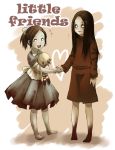  alma_wade barefoot big_daddy bioshock bioshock_2 black_hair blood blue_dress bow brown_hair crossover doll dress f.e.a.r. handshake heart km_(artist) little_sister no_pupils no_shoes ponytail red_dress simple_background smile 