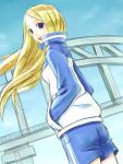  bad_id blonde_hair blue_eyes bridge long_hair nino_(arakawa) satogo shorts track_jacket 