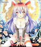  ayuayu bad_id breasts bunny_ears cleavage flower gradient_hair long_hair marker_(medium) multicolored_hair rabbit_ears red_eyes reisen_udongein_inaba sample solo thigh-highs thighhighs touhou traditional_media 
