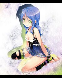  bangle barefoot blue_hair bra_strap bracelet breasts chemise cleavage feet green_eyes hands_on_feet jewelry kousaki_rui letterboxed original see-through seiza shadow sitting smile solo thigh-highs thighhighs toeless_socks toes torn_clothes torn_thighhighs 