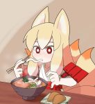  blonde_hair chopsticks eating fox_ears hora_(hora06) multiple_tails ninetales personification pokemon red_eyes tail udon 