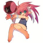  aqua_eyes ball barefoot beachball cat_ears extra_ears fang feet hands long_hair ninja_toes one-piece_swimsuit open_mouth petite pink_hair pointy_ears simple_background solo swimsuit wristband zankuro 